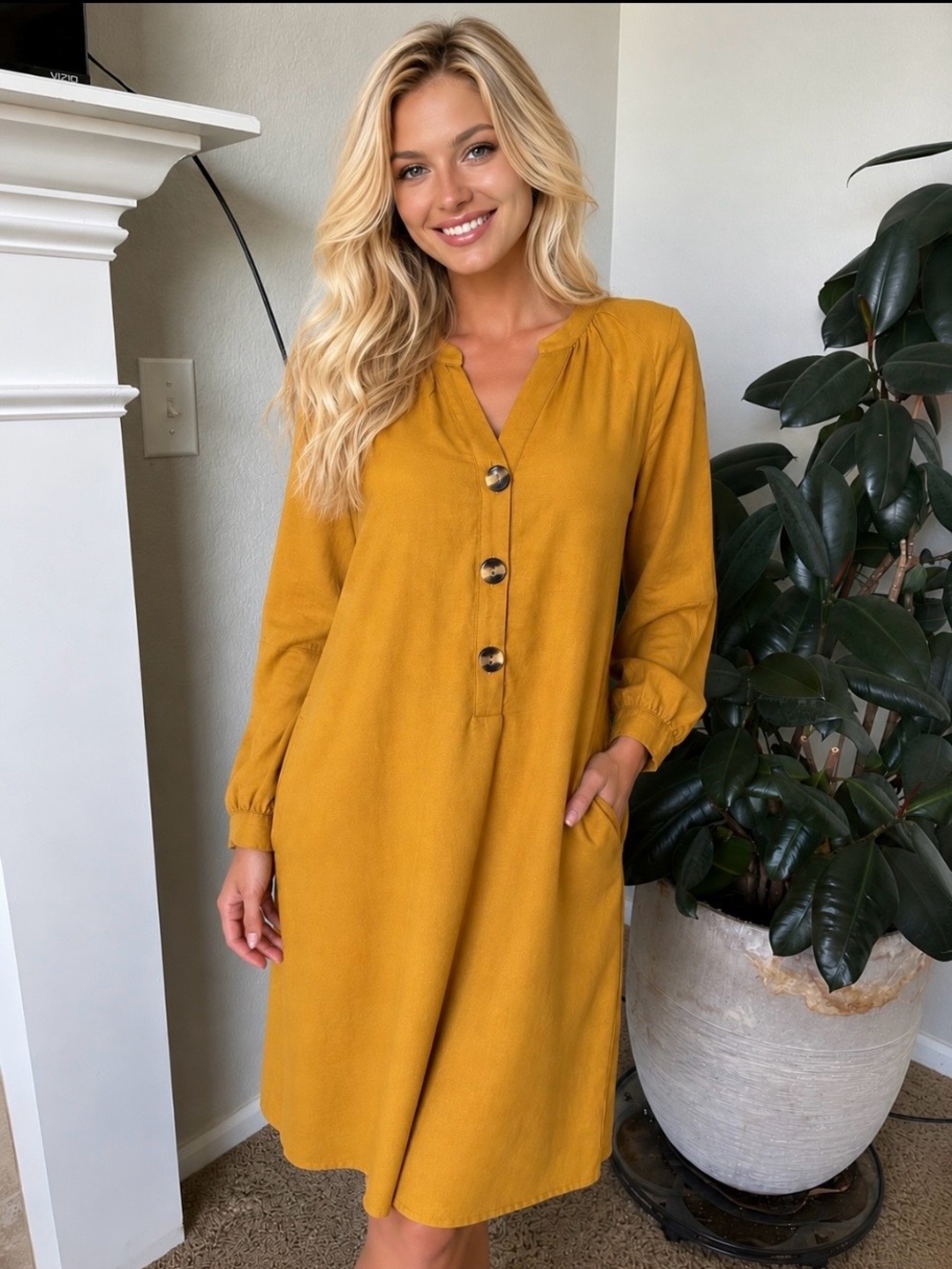 Chelsea & Theodore Mustard Yellow Button-Front Tunic Dress